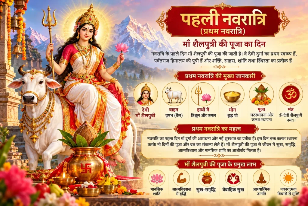 प्रथम नवरात्रि पर माँ शैलपुत्री की पूजा, त्रिशूल और कमल धारण किए वृषभ पर विराजमान देवी